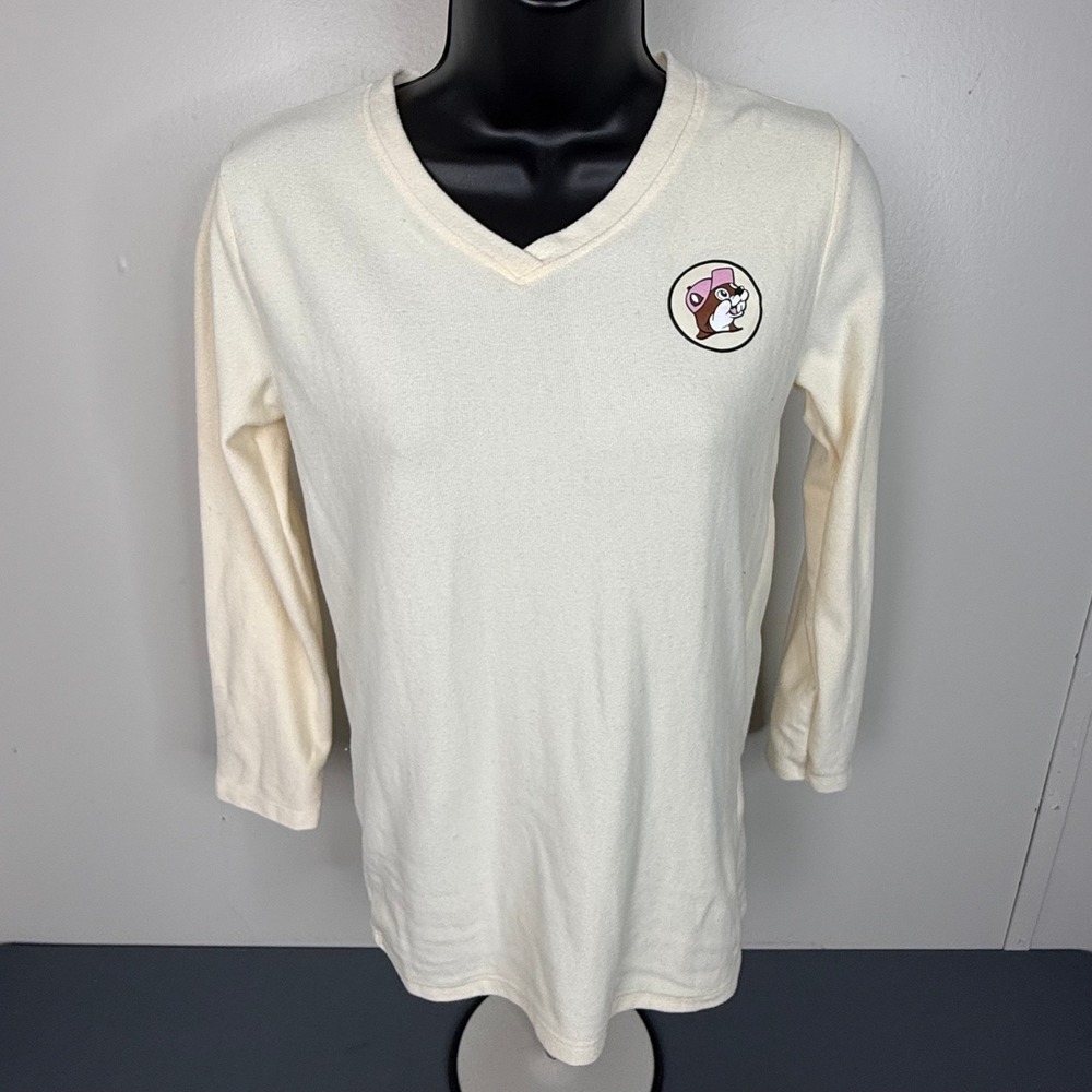 Buc-ee's Shirt Youth L Cream Long Sleeve V-Neck Beaver Logo Patch Stretch Top